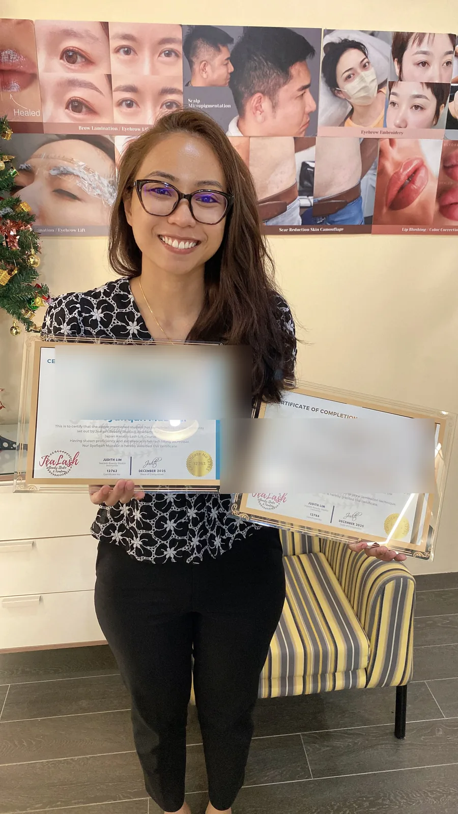 Jealash graduate with course certificates; student names blurred for privacy