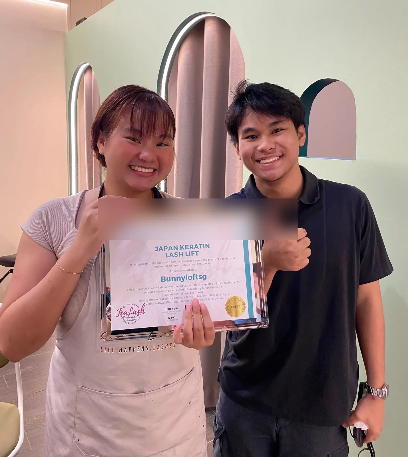 Jealash Lash Lift graduate with the student name blurred for privacy