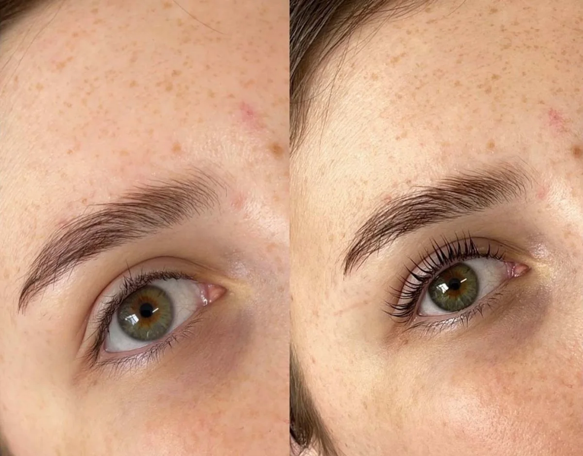 Before and after example showing a natural lash lift result