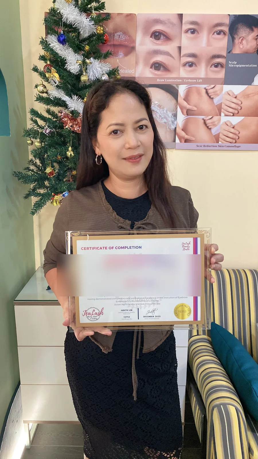 Jealash Brow Embroidery and Microblading graduate with student name blurred for privacy