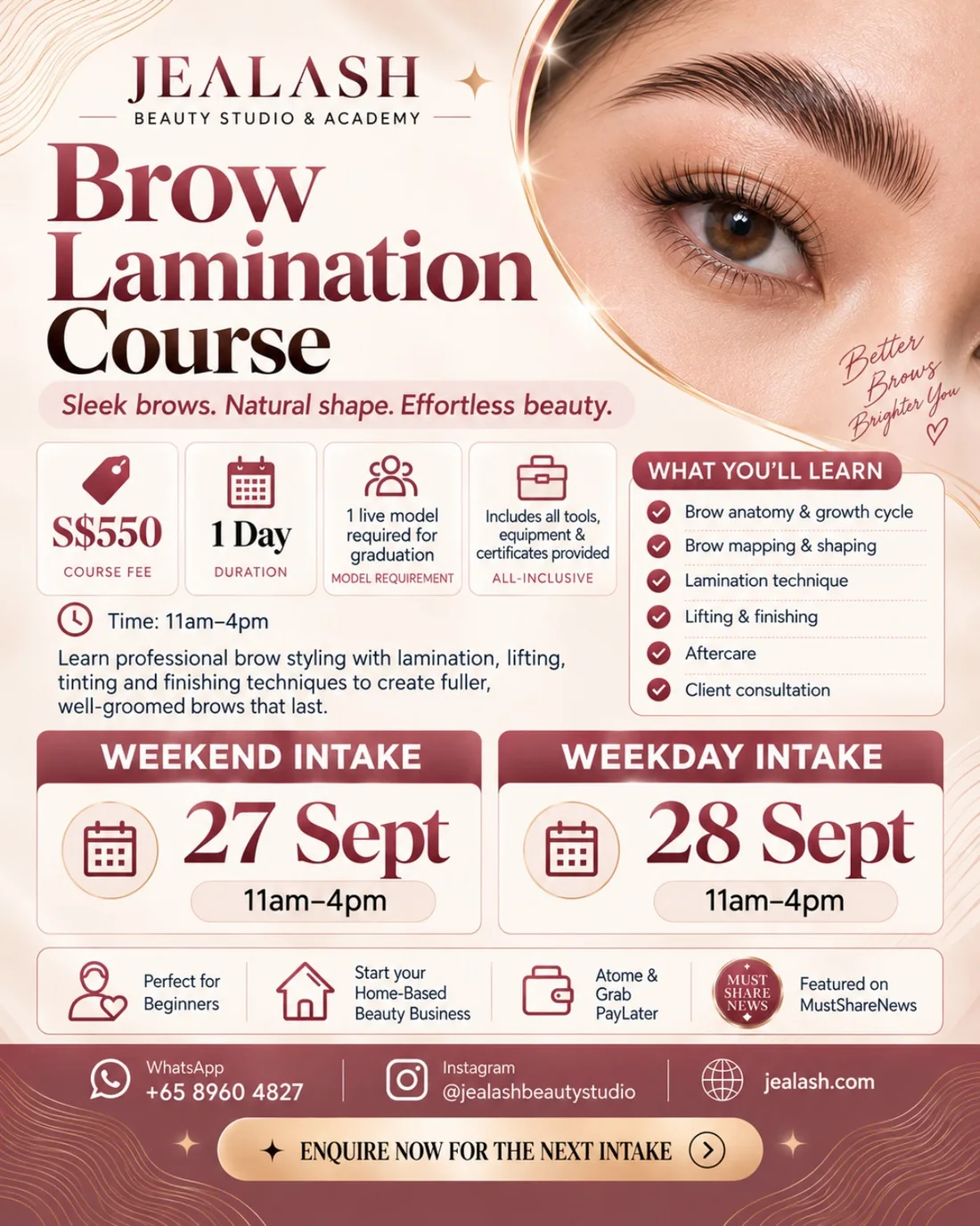 Jealash Academy Brow Lamination Course September and October 2026 course dates