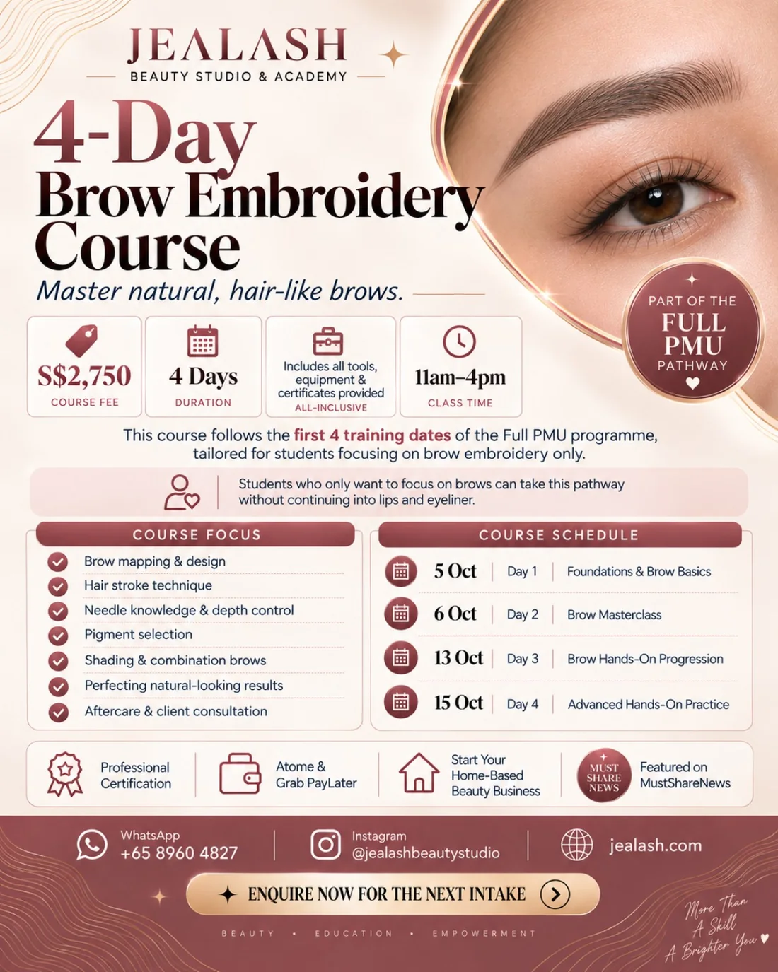 Jealash Academy 4-Day Brow Embroidery Course September and October 2026 course dates