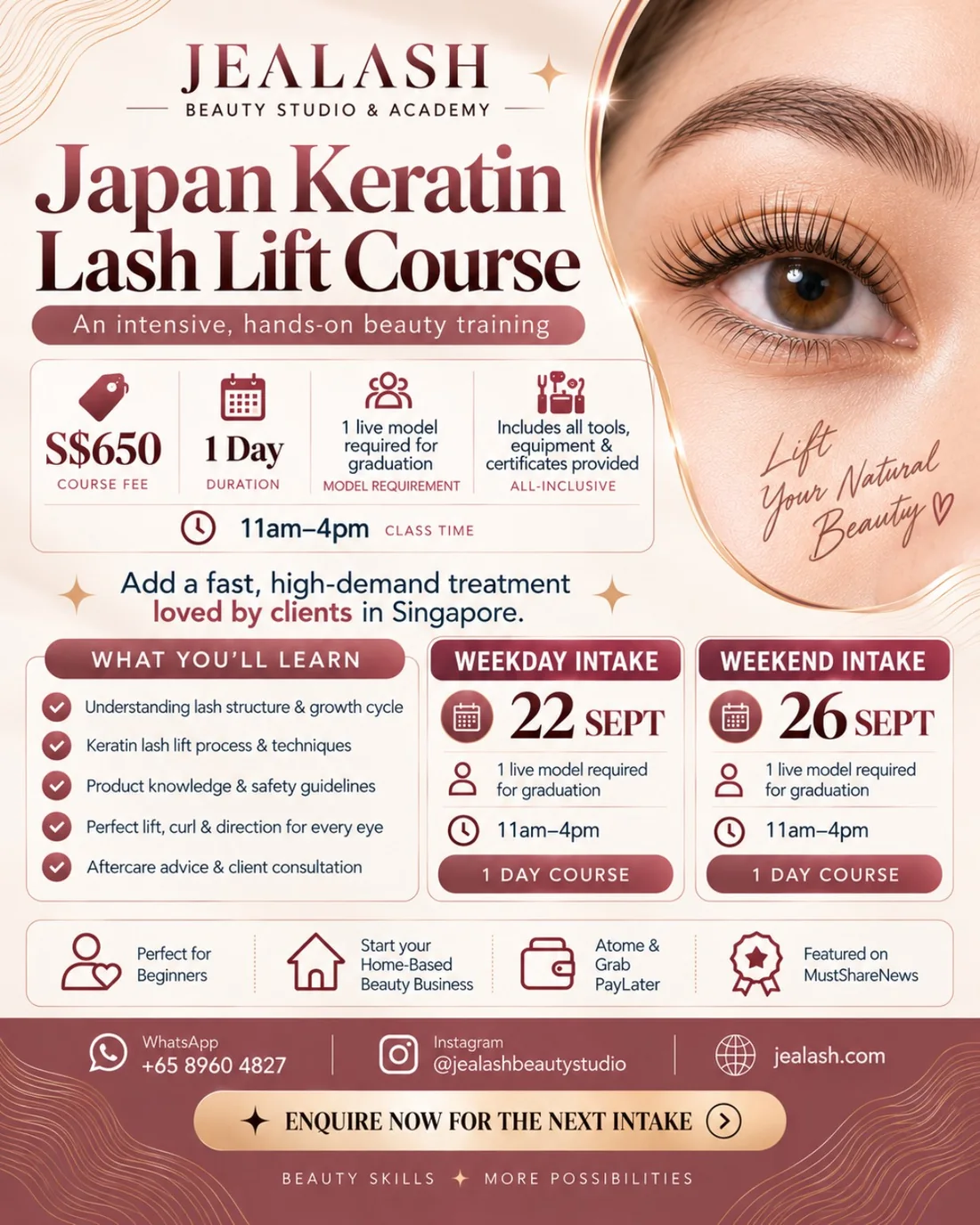 Jealash Academy Japan Keratin Lash Lift Course September and October 2026 course dates