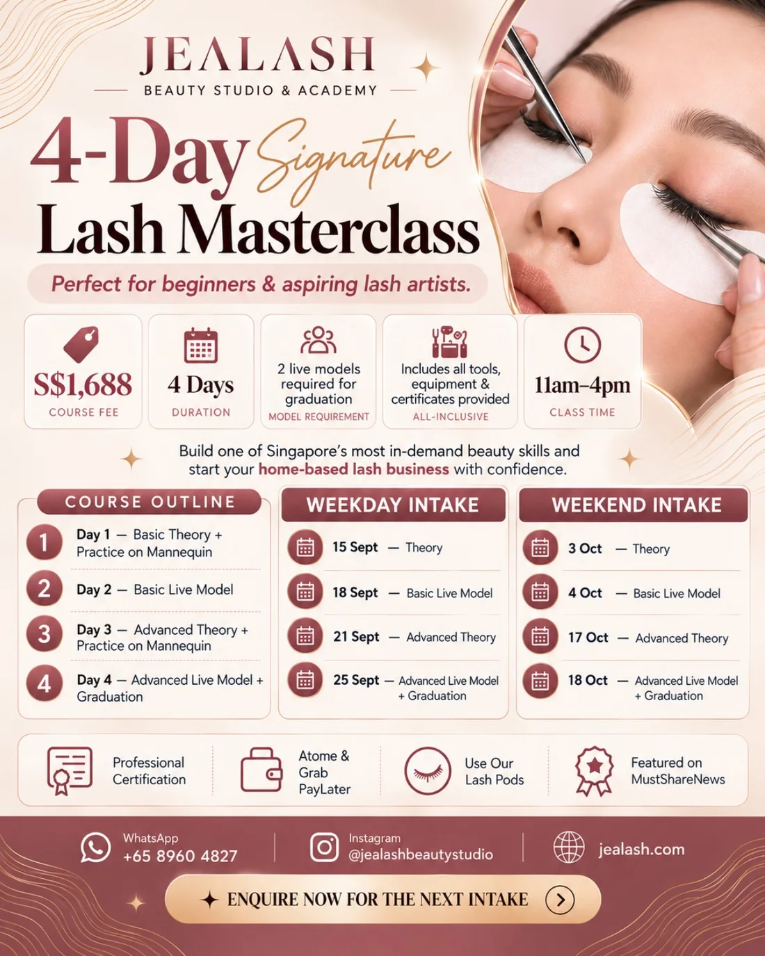 Jealash Academy 4-Day Signature Lash Masterclass September and October 2026 course dates
