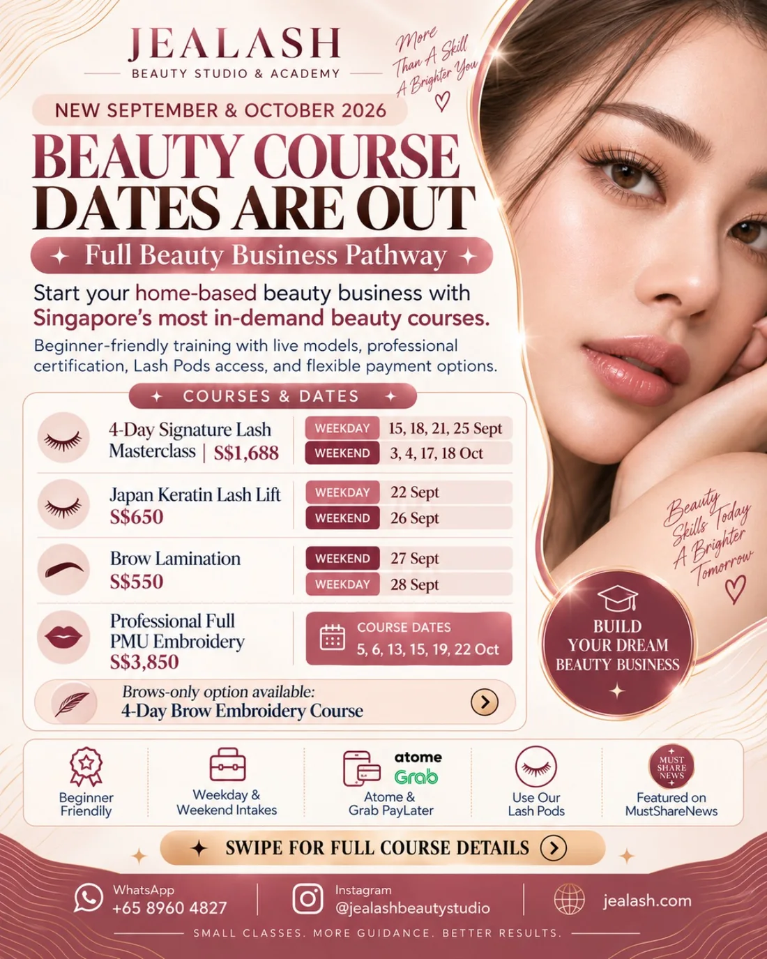 Jealash Academy September and October 2026 beauty course dates