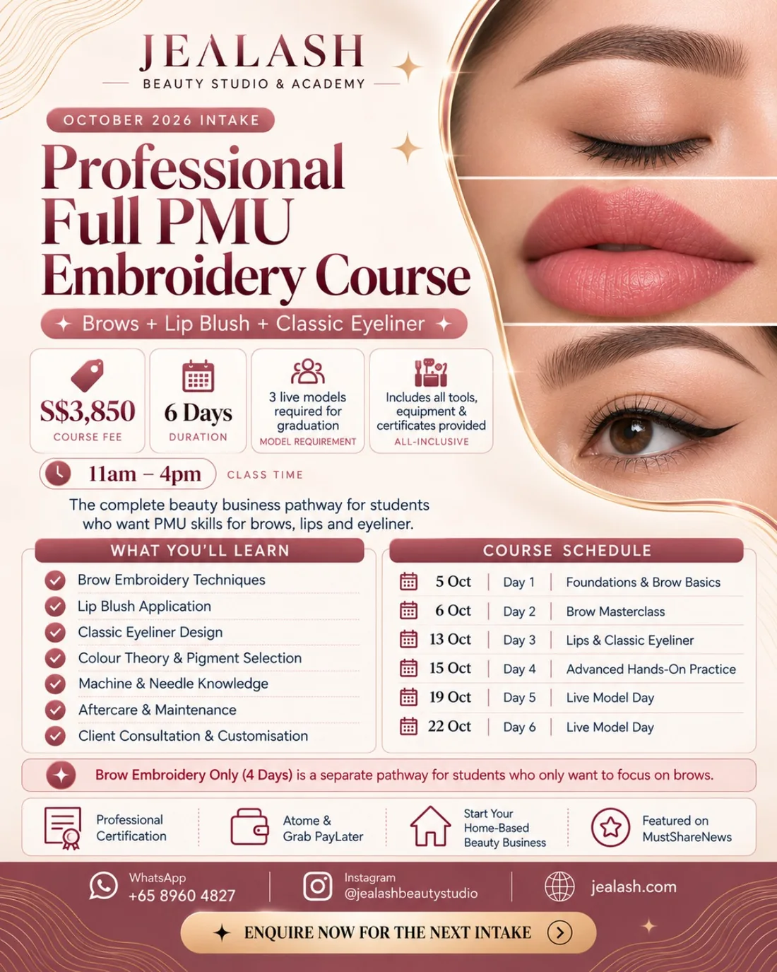 Jealash Academy Professional Full PMU Embroidery Course September and October 2026 course dates