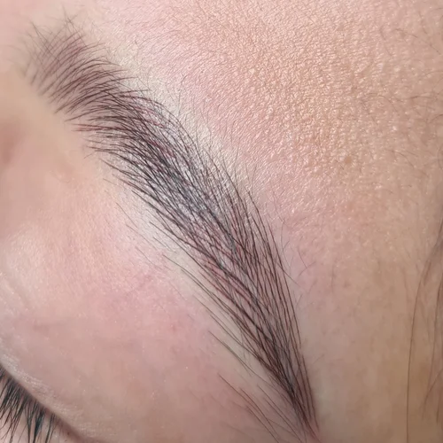 Close-up fine hair strokes in eyebrow embroidery