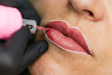 Lip outline marked before pigment application
