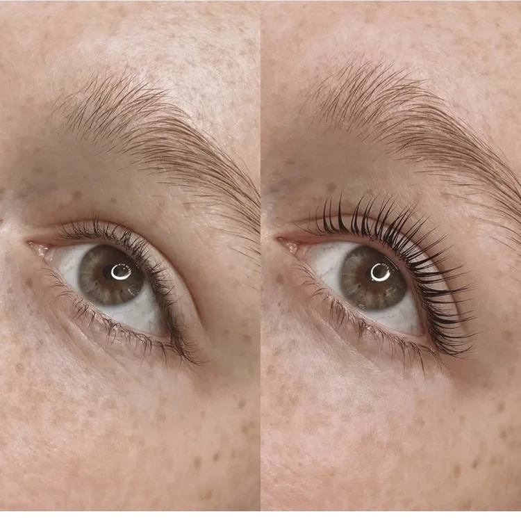 Lash lift before and after showing a clear change in curl